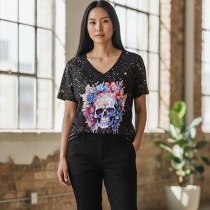 Bella Canvas Black V-Neck Tee with Colorful Floral Skull Graphic
